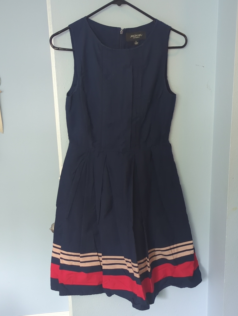 Jason Wu Navy Midi Dress with Red & Beige Hem Stripes